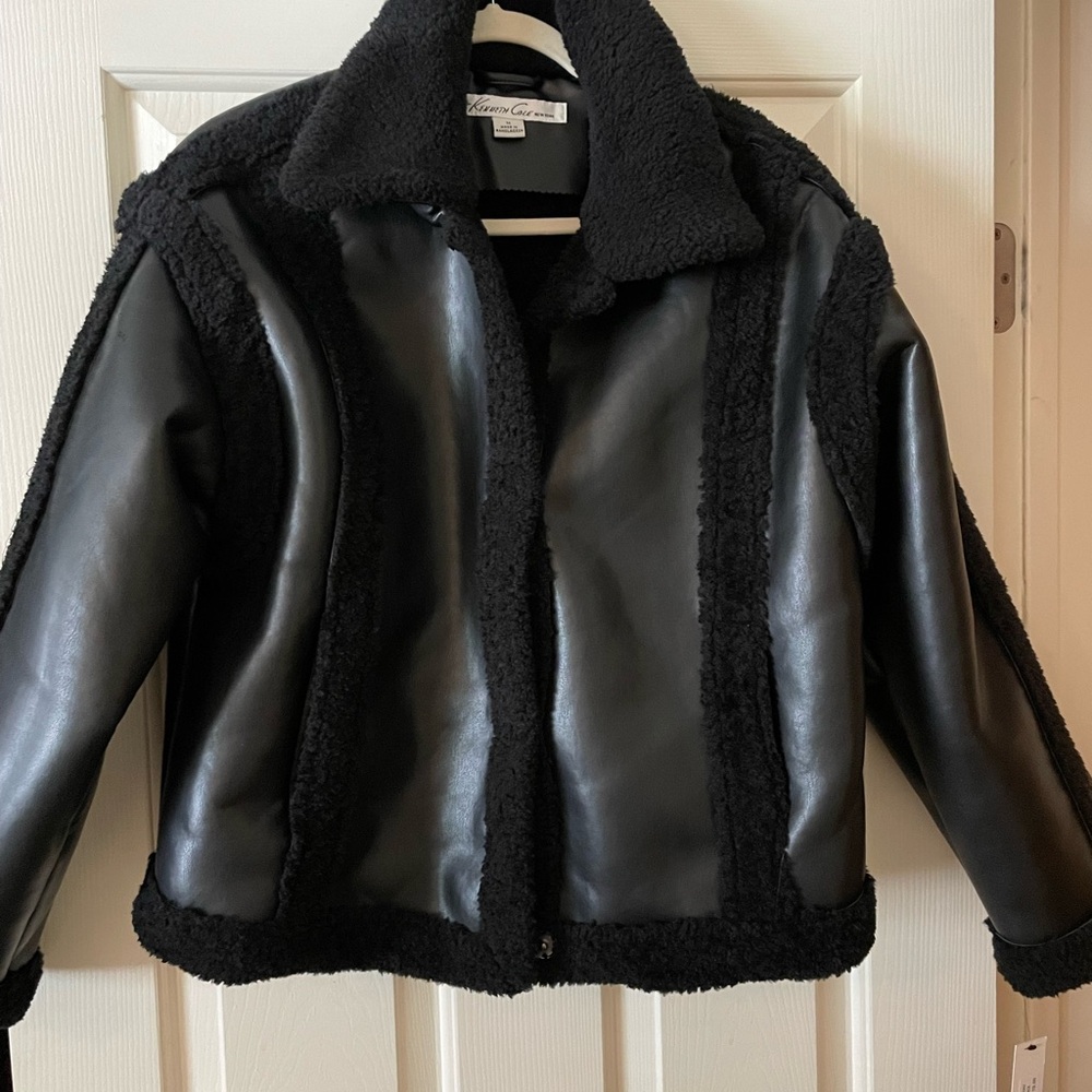 Kenneth Cole New York Black Faux Leather Sherpa lined women’s Jacket